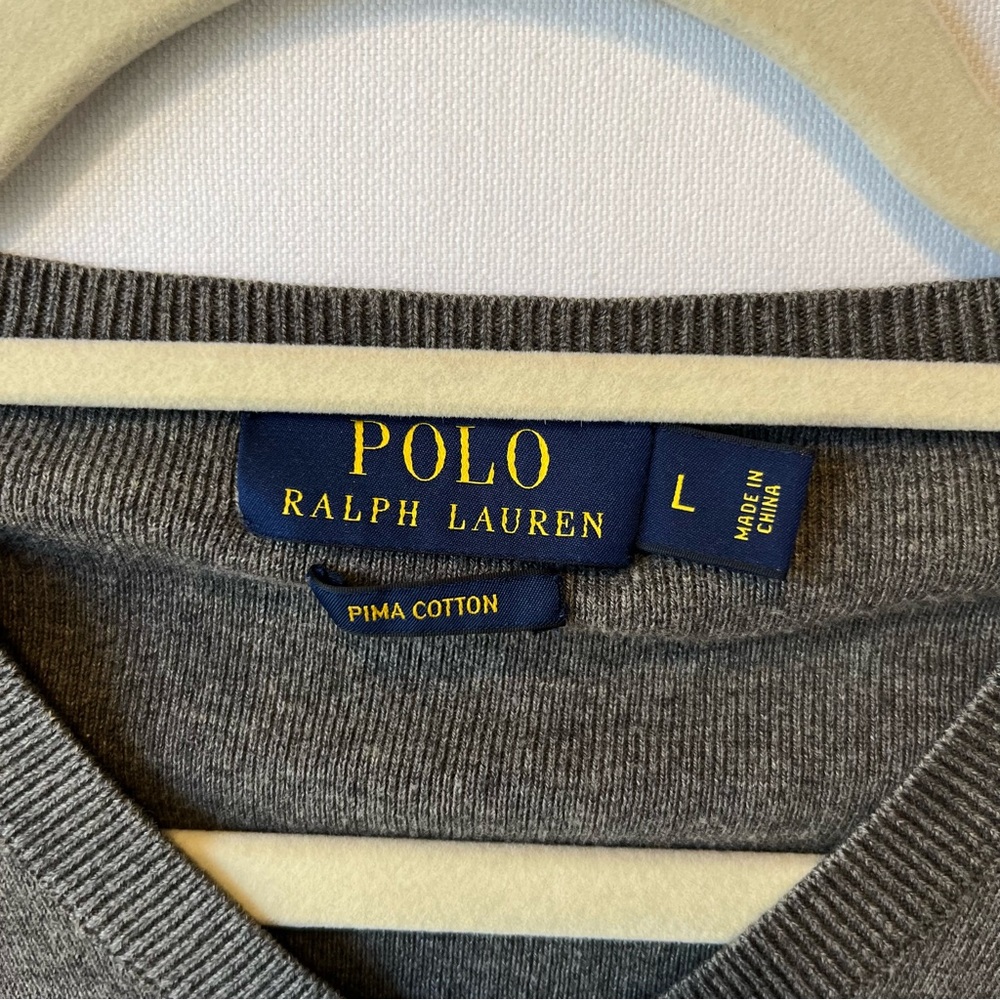Polo Ralph Lauren jumper Sweater Large Gray V-neck Pima cotton Logo Mens FLAW - Picture 3 of 8